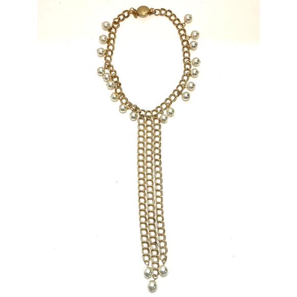 Vintage PARK LANE Necklace Gold Tone Bib Choker Signed Faux Pearl Triple Chain - Picture 1 of 5